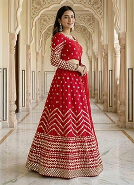 Red Faux Georgette Zari Gota Foil Mirror Embroidered A Line Lehenga