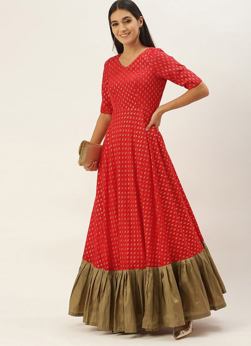 Red Foil Printed Prairie Sand Taffeta Gown Festive Wear