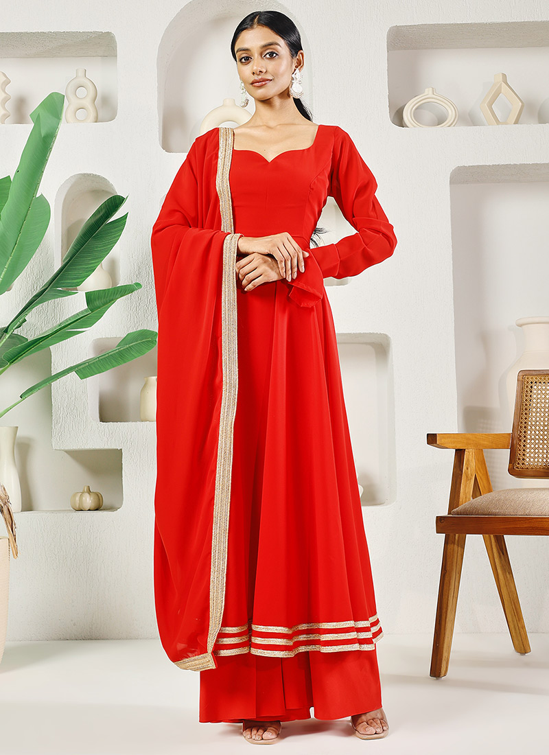 Red Georgette A Line Anarkali Suit
