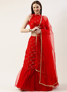 Red Georgette Draped lehenga Set