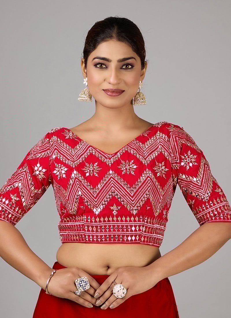 Red Georgette Embroidered Close Neck Blouse