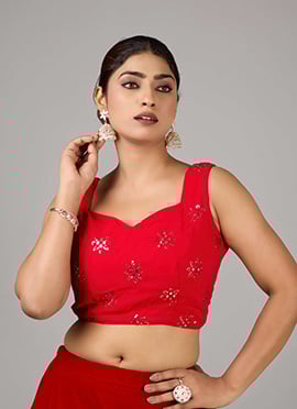 Red Georgette Embroidered Sleeveless Blouse