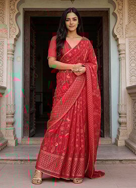 Red Georgette Foil Print Saree After Six Wear