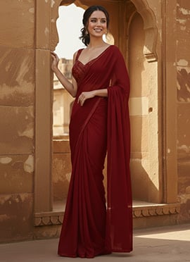 Red Georgette Hand Embroidered Sequins Saree