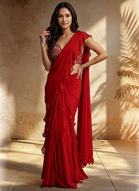 Red Georgette Hand Embroidered Sequins With Beads And Stone Work Pre Draped Saree