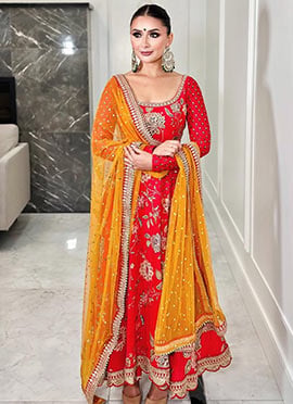 Red Georgette Sequins Embroidered And Digital Print Anarkali Suit