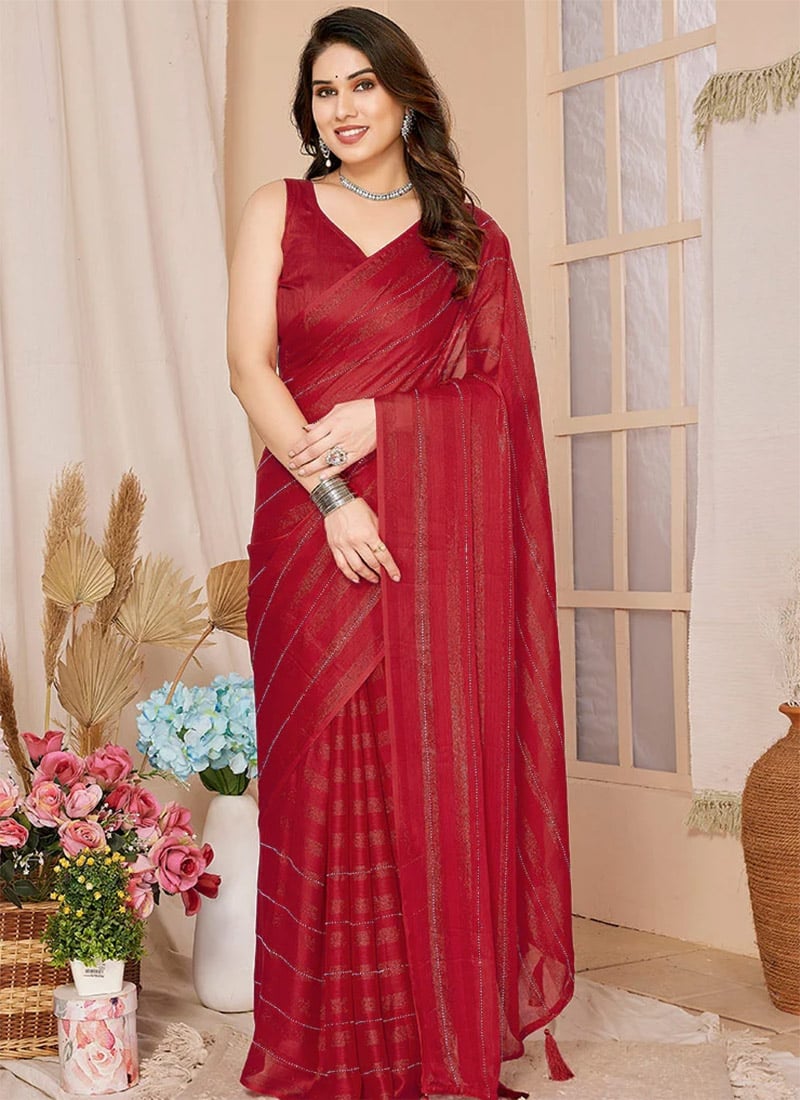 Red Georgette Stone Embossed Pre Draped Beautiful Saree With Blouse Party Wear