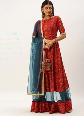 Red Jacquard Anarkali Suit