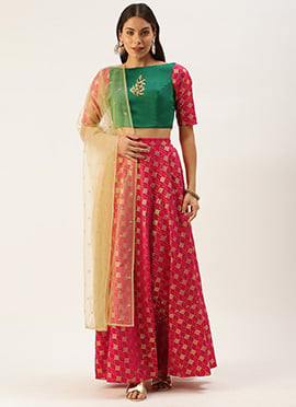 Red Jacquard N Green Zero Shoulder Lehenga Set