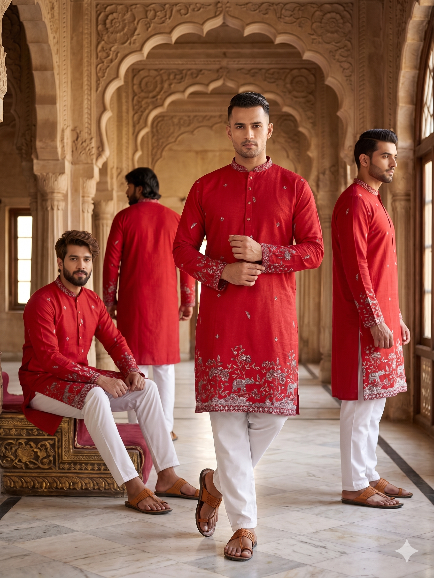 Red Linen Cotton Embroidered Sequins Kurta Pyjama Festive Wear
