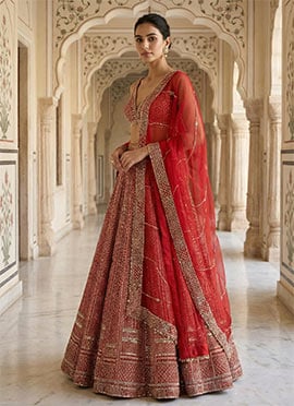 Red Malai Satin Sequins Embroidered Umbrella Lehenga