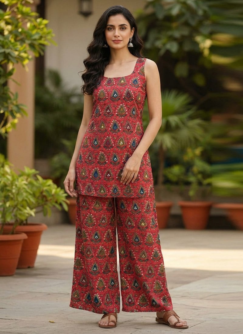 Red Modal Silk Printed Co Ord Set After Six Wear