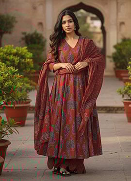 Red Muslin Digital Print Palazzo Suit