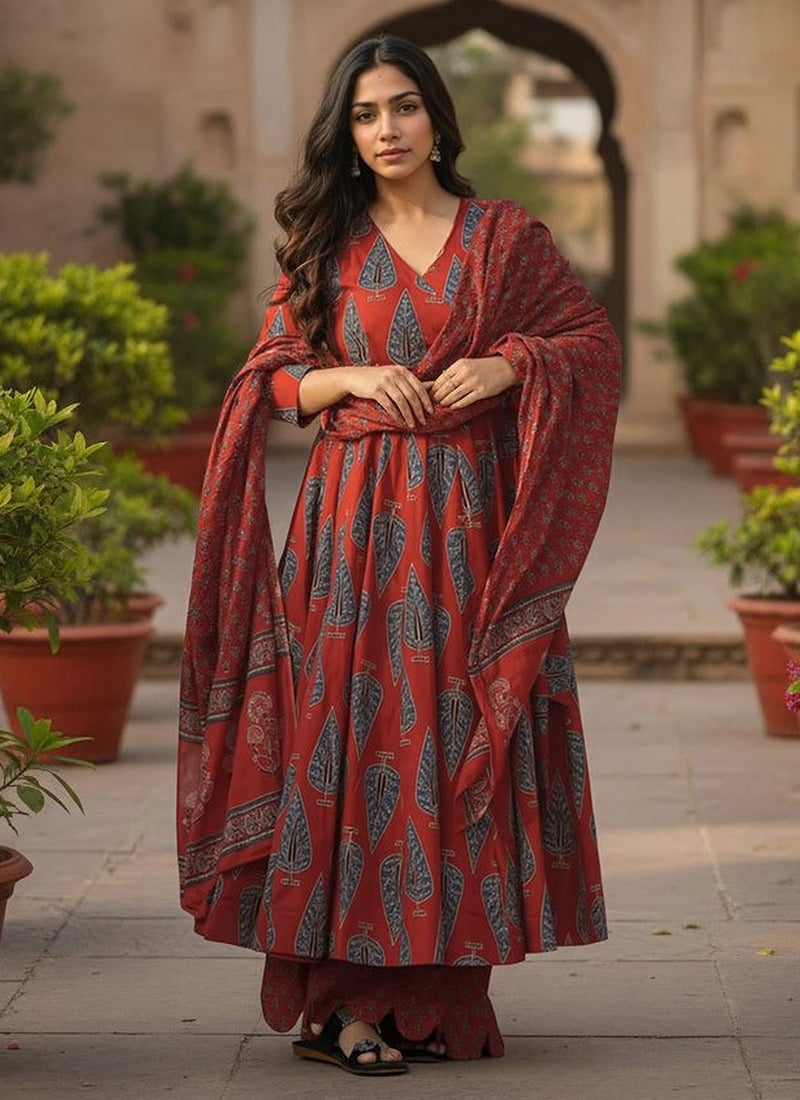 Red Muslin Digital Print Palazzo Suit