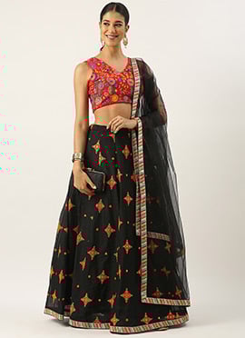 Red N Black Embroidered Cotton Lehenga Set