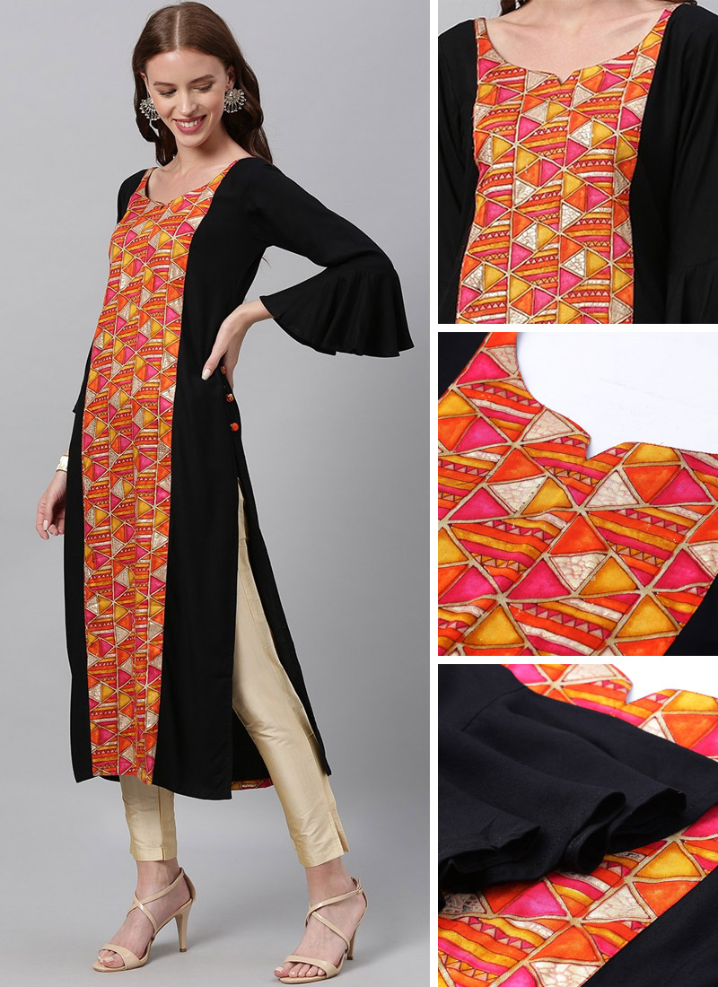 Red N Black Multicolored Printed Calf Length Kurti After Six Wear