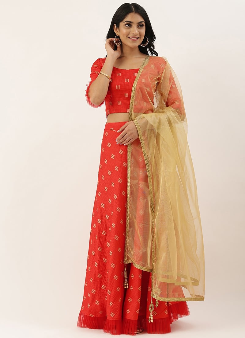 Red N Gold Art Silk Fabric Lehenga Set Festive Wear