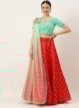 Red N Green Embroidered Floor Length Lehenga Set