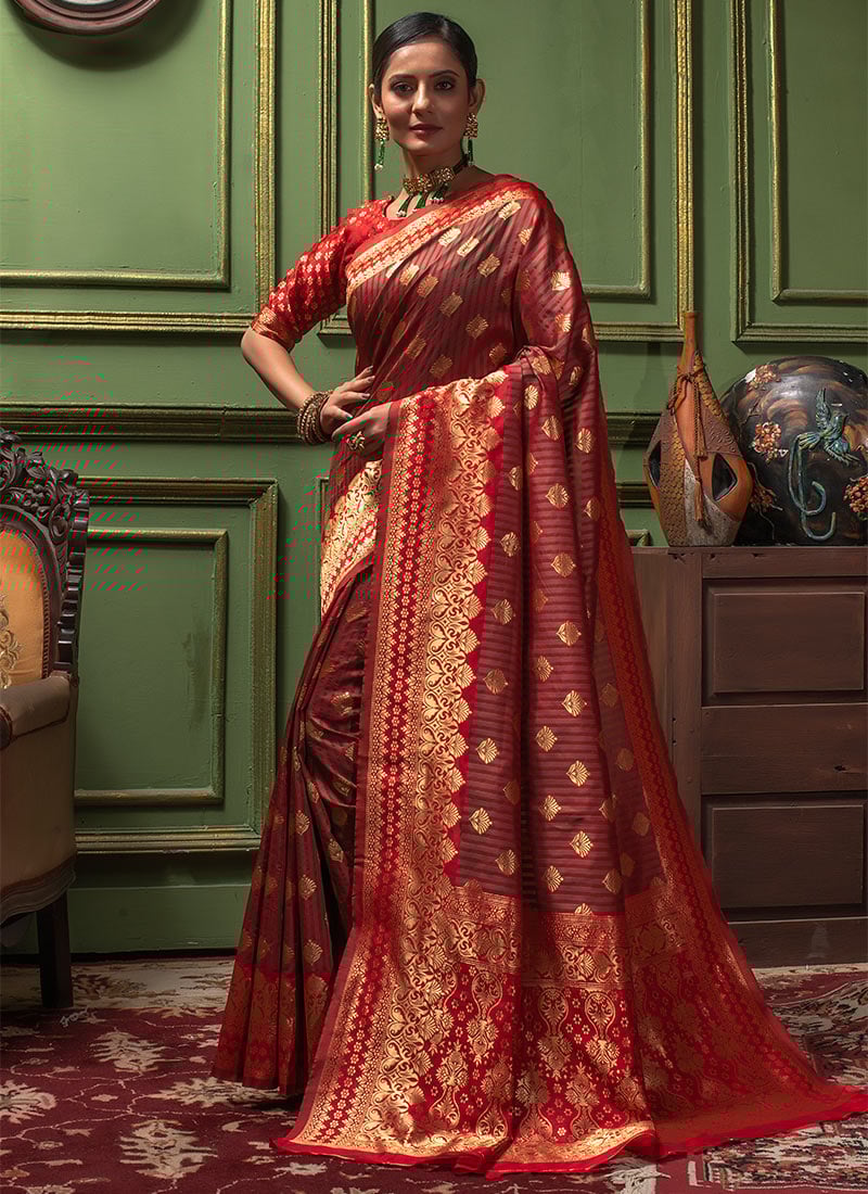 Red N Mehendi Banarasi Silk Jacquard Saree Festive Wear