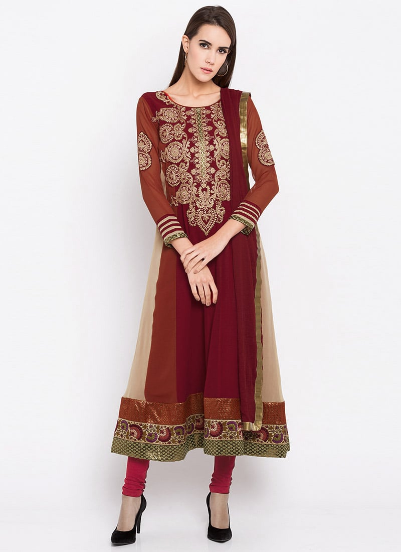 Red N Orange Embroidered Anarkali Suit Party Wear