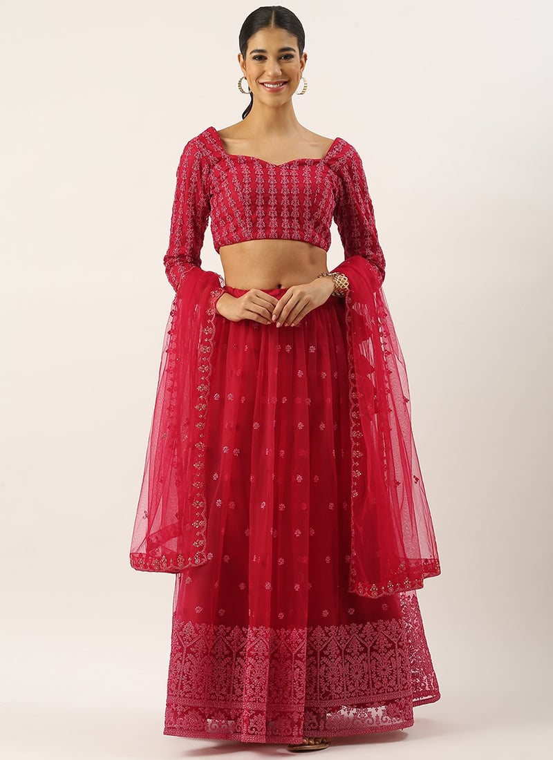 Teen Girls Red Net Embroidered Gathered Style Lehenga Set