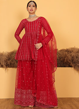Red Net Embroidered Palazzo Suit
