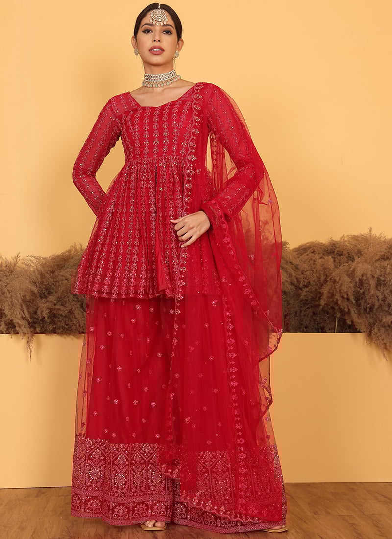 Red Net Embroidered Palazzo Suit Wedding Wear