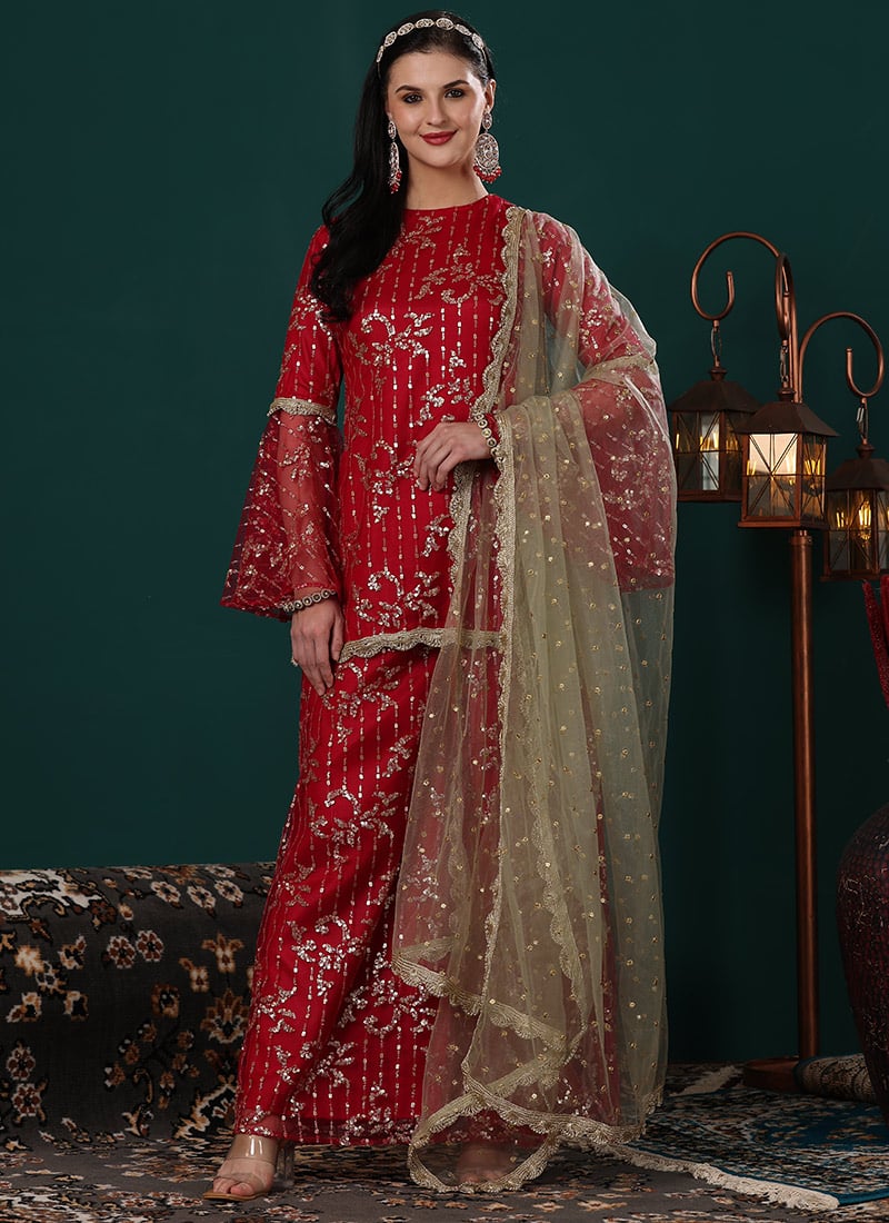Red Net Embroidered Palazzo Suit