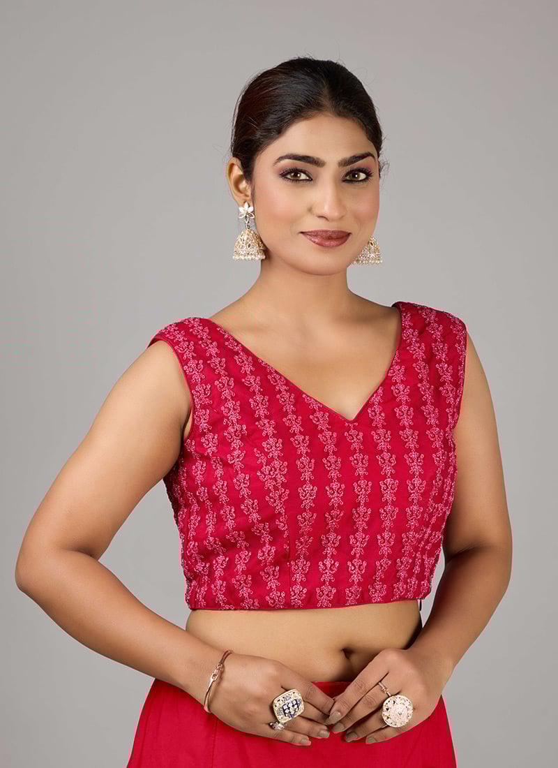 Red Net Embroidered V Neck Blouse Party Wear