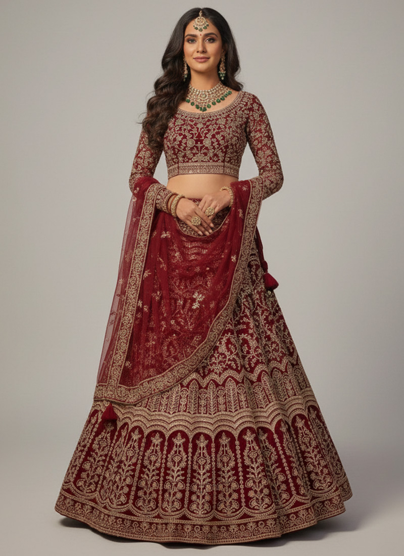 Red Net Lehenga With Zari And Sequin Embroidery Wedding Wear