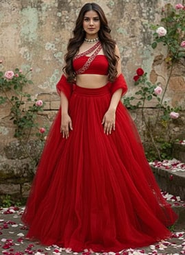 Red Net Zari Sequin Lehenga