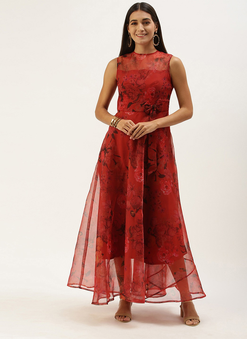 Shop Red Organza Digital Printed Dress 