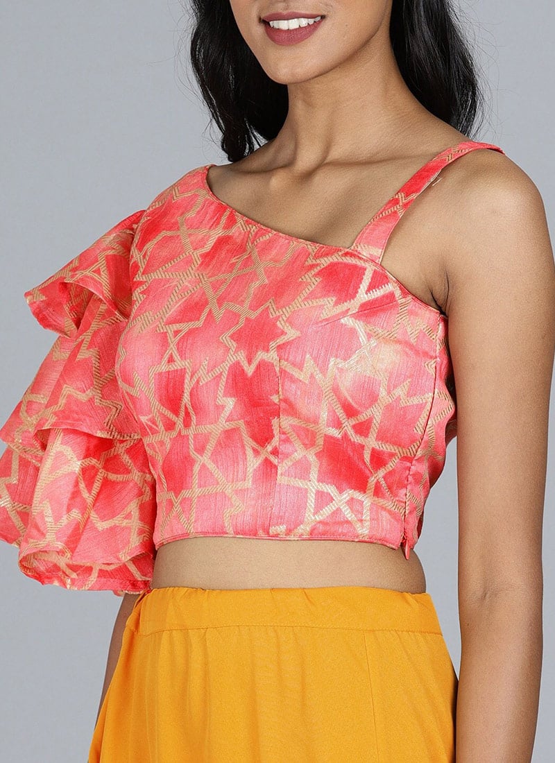 Red Printed Blouse With Flared Sleeves Party Wear Festive Wear