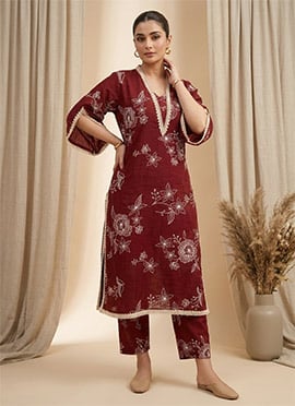 Red Printed Cotton Kurta Set