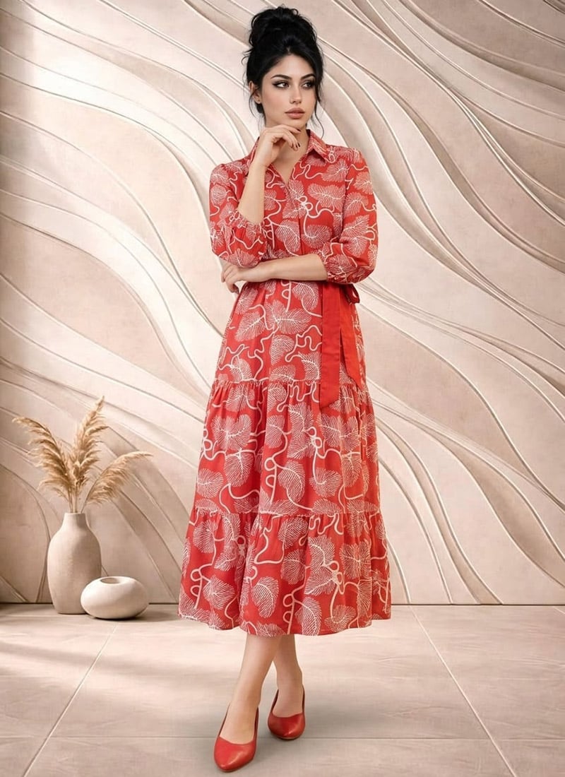 Red Printed Cotton Shirt Collar Maxi Dress After Six Wear