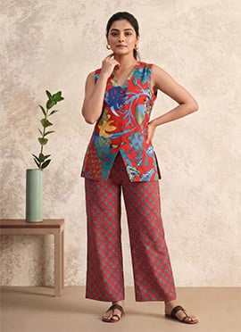 Red Printed Cotton Sleeveless Co Ord Pant Set After Six Wear