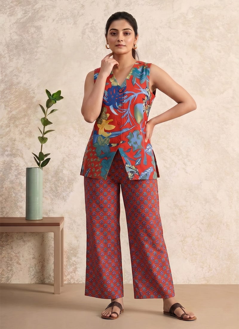 Red Printed Cotton Sleeveless Co Ord Pant Set After Six Wear