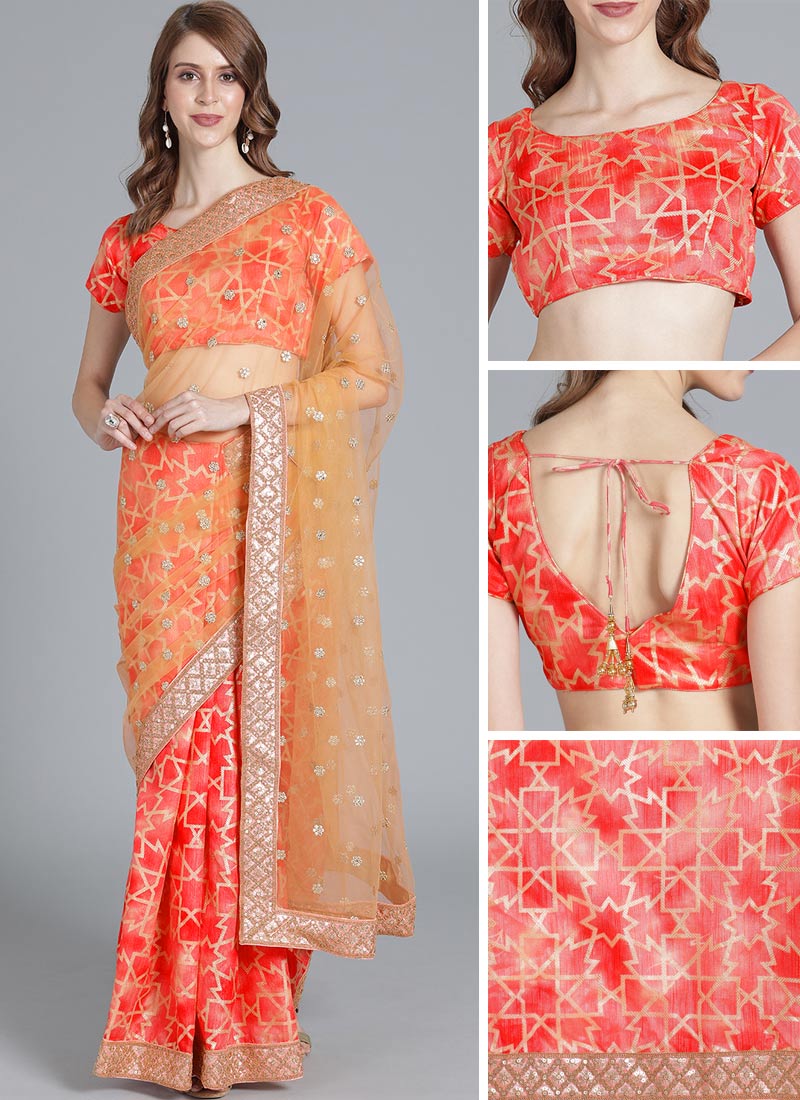 Red Printed Half And Half Border Saree Festive Wear