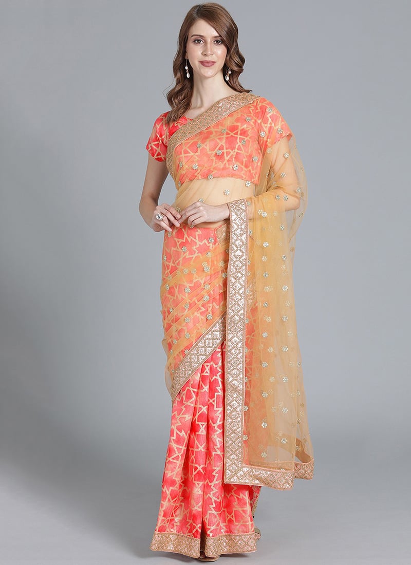Red Printed Half And Half Border Saree