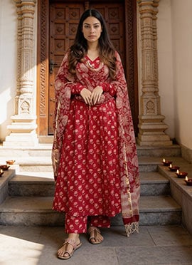 Red Rayon Digital Print Anarkali Suit