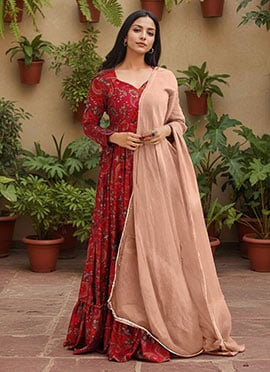 Red Rayon Digital Print Anarkali Suit
