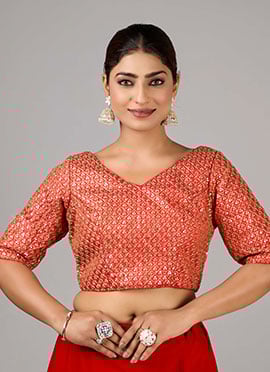 Red Sequins Embroidered V Neck Blouse