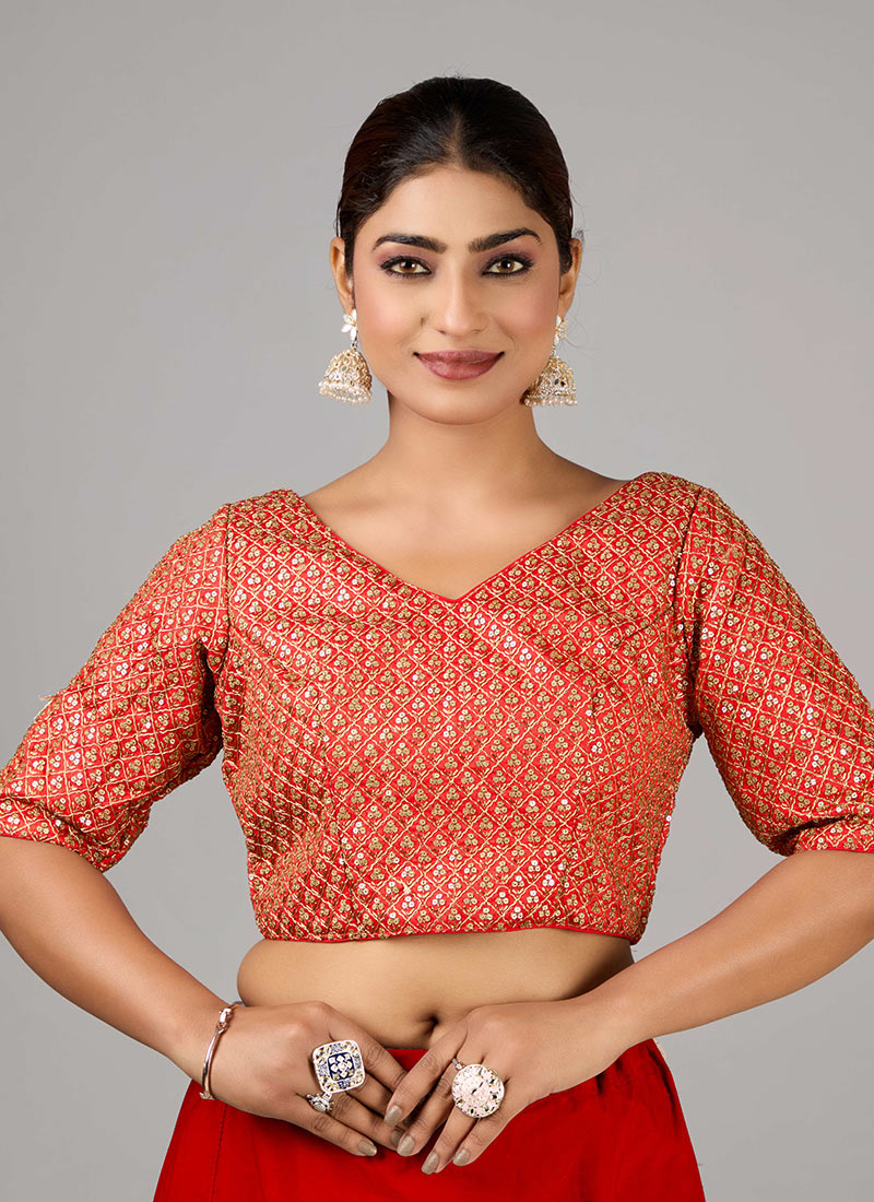 Red Sequins Embroidered V Neck Blouse Wedding Wear