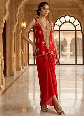 Red Silk Zari Sequins Indowestern Skirt Set