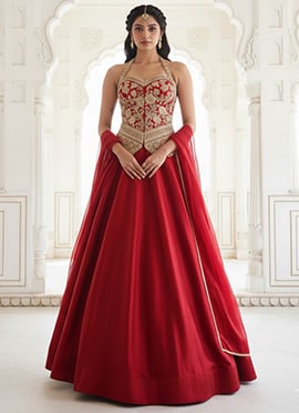 Red Silk Zari Sequins Umbrella Lehenga