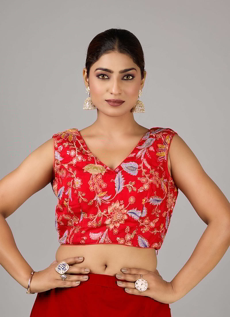 Red Viscose Print N Embroidered V Neck Blouse Festive Wear