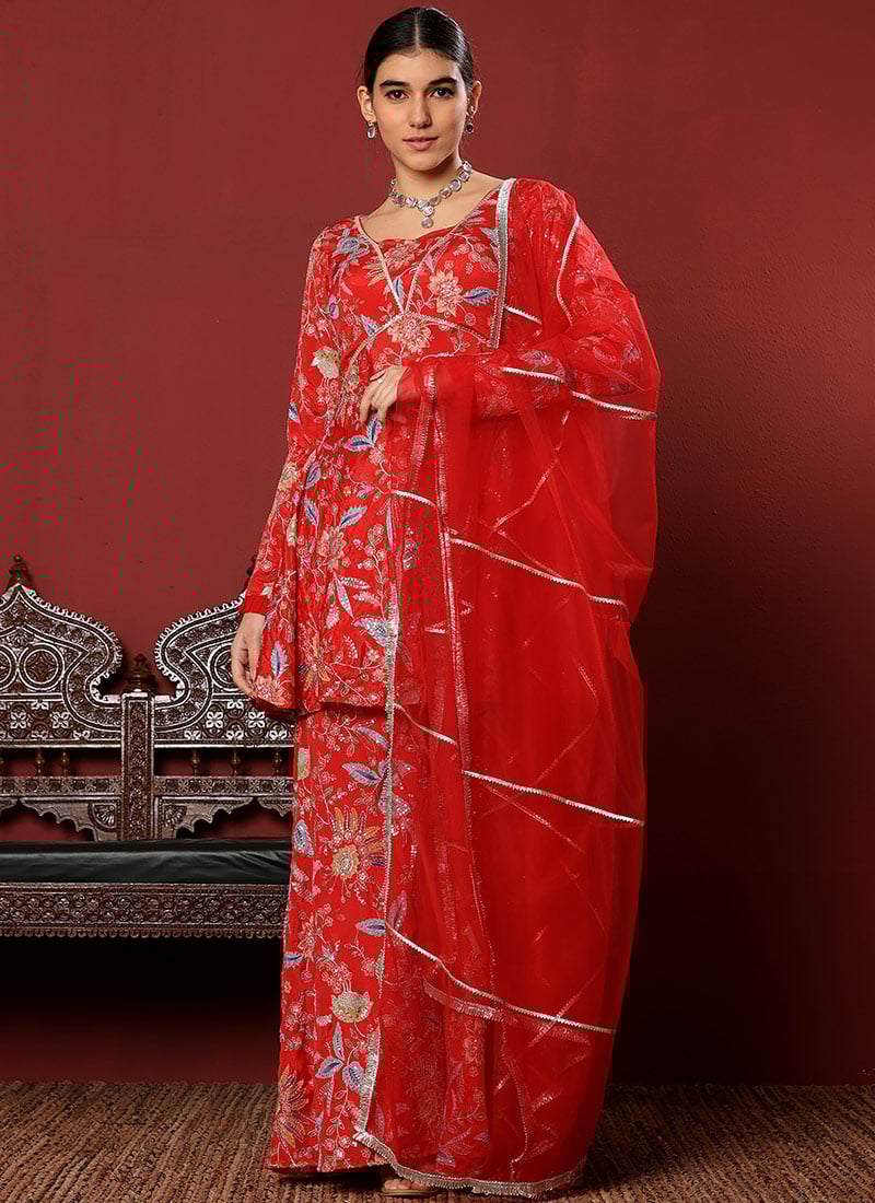 Chic Top With Red Printed Alia Cut Gharara Suit