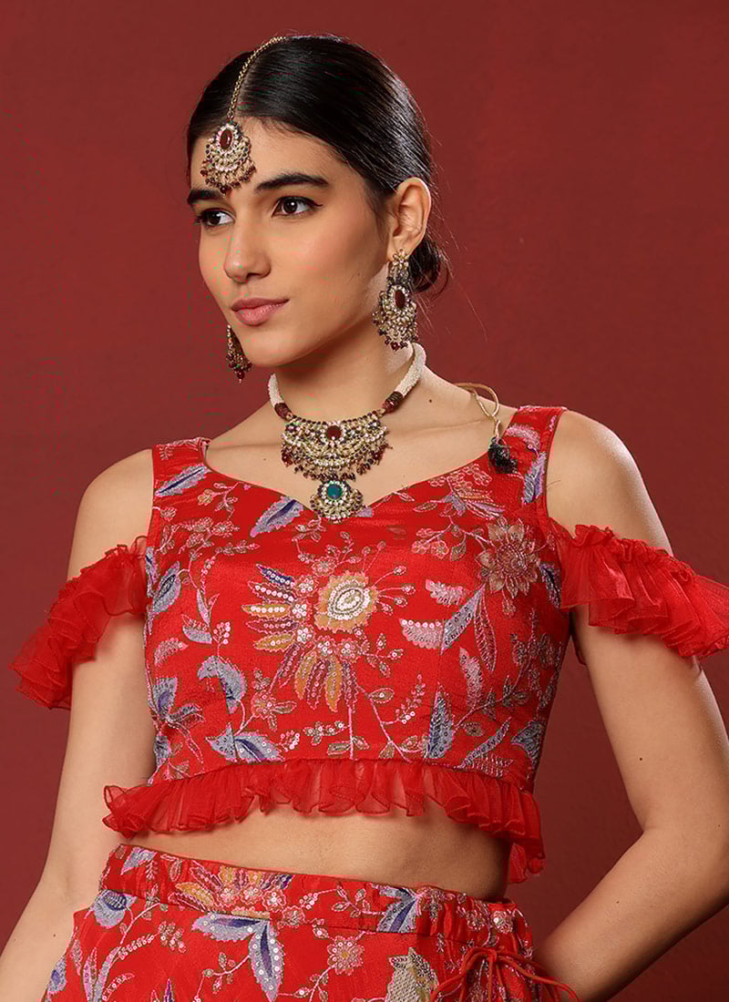 Chic Red Viscose Printed N Embroidered Blouse