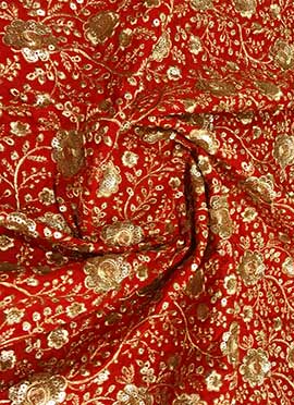 Red Zari Embroidered Dupion Silk Fabric