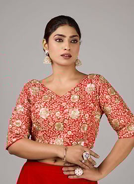 Red Zari Embroidered Dupion Silk V Neck Blouse